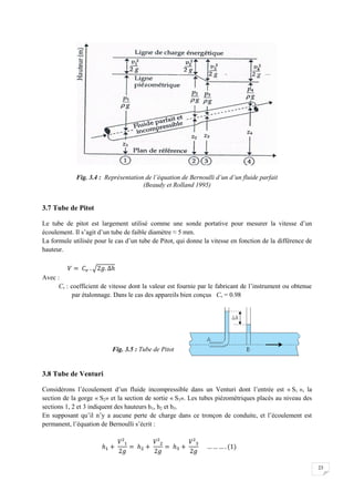 23
Fig. 3.4 : Représentation de l’équation de Bernoulli d’un d’un fluide parfait
(Beaudy et Rolland 1995)
3.7 Tube de Pitot
Le tube de pitot est largement utilisé comme une sonde portative pour mesurer la vitesse d’un
écoulement. Il s’agit d’un tube de faible diamètre ≈ 5 mm.
La formule utilisée pour le cas d’un tube de Pitot, qui donne la vitesse en fonction de la différence de
hauteur.
Avec :
Cv : coefficient de vitesse dont la valeur est fournie par le fabricant de l’instrument ou obtenue
par étalonnage. Dans le cas des appareils bien conçus Cv = 0.98
3.8 Tube de Venturi
Considérons l’écoulement d’un fluide incompressible dans un Venturi dont l’entrée est « S1 », la
section de la gorge « S2» et la section de sortie « S3». Les tubes piézométriques placés au niveau des
sections 1, 2 et 3 indiquent des hauteurs h1, h2 et h3.
En supposant qu’il n’y a aucune perte de charge dans ce tronçon de conduite, et l’écoulement est
permanent, l’équation de Bernoulli s’écrit :
Fig. 3.5 : Tube de Pitot
 