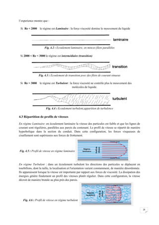 28
l’experience montre que :
Si Re < 2000 le régime est Laminaire : la force viscosité domine le mouvement du liquide
Fig. 4.2 : Ecoulement laminaire, en minces filets parallèles
Si 2000 < Re < 3000 le régime est intermédiaire (transition)
Fig. 4.3 : Ecoulement de transition,avec des filets de courant sinueux
Si Re > 3000 le régime est Turbulent : la force viscosité ne contrôle plus le mouvement des
molécules de liquide.
Fig. 4.4 : Ecoulement turbulent,apparition de turbulence
4.3 Répartition de profils de vitesses
En régime Laminaire: en écoulement laminaire la vitesse des particules est faible et que les lignes de
courant sont régulières, parallèles aux parois du contenant. Le profil de vitesse se répartit de manière
hyperbolique dans la section du conduit. Dans cette configuration, les forces visqueuses de
cisaillement sont supérieures aux forces de frottement.
En régime Turbulent : dans un écoulement turbulent les directions des particules se déplacent en
tourbillons, dont la taille, la localisation et l'orientation varient constamment, de manière désordonnée.
Ils apparaissent lorsque la vitesse est importante par rapport aux forces de viscosité. La dissipation des
énergies génère finalement un profil des vitesses plutôt régulier. Dans cette configuration, la vitesse
décroit de manière brutale au plus près des parois.
Fig. 4.5 : Profil de vitesse en régime laminaire
Fig. 4.6 : Profil de vitesse en régime turbulent
 