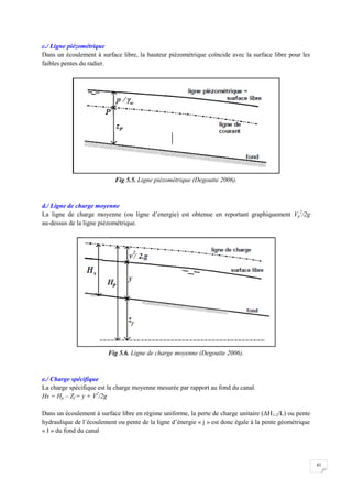 41
c./ Ligne piézométrique
Dans un écoulement à surface libre, la hauteur piézométrique coïncide avec la surface libre pour les
faibles pentes du radier.
Fig 5.5. Ligne piézométrique (Degoutte 2006).
d./ Ligne de charge moyenne
La ligne de charge moyenne (ou ligne d’energie) est obtenue en reportant graphiquement Vp
2
/2g
au-dessus de la ligne piézométrique.
Fig 5.6. Ligne de charge moyenne (Degoutte 2006).
e./ Charge spécifique
La charge spécifique est la charge moyenne mesurée par rapport au fond du canal.
Hs = Hp – Zf = y + V2
/2g
Dans un écoulement à surface libre en régime uniforme, la perte de charge unitaire (ΔH1-2/L) ou pente
hydraulique de l’écoulement ou pente de la ligne d’énergie « j » est donc égale à la pente géométrique
« I » du fond du canal
 