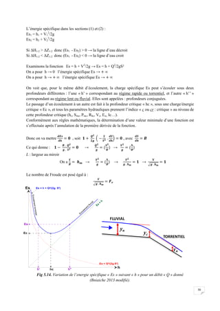 50
L’énergie spécifique dans les sections (1) et (2) :
Es1 = h1 + V1
2
/2g
Es2 = h2 + V2
2
/2g
Si ΔH1-2 > ΔZ1-2 donc (Es1 - Es2) > 0 → la ligne d’eau décroit
Si ΔH1-2 < ΔZ1-2 donc (Es1 - Es2) < 0 → la ligne d’eau croit
Examinons la fonction Es = h + V2
/2g → Es = h + Q2
/2gS²
On a pour h → 0 l’énergie spécifique Es →
On a pour h → l’énergie spécifique Es →
On voit que, pour le même débit d’écoulement, la charge spécifique Es peut s’écouler sous deux
profondeurs différentes : l’une « h’ » correspondant au régime rapide ou torrentiel, et l’autre « h’’ »
correspondant au régime lent ou fluvial. Elles sont appelées : profondeurs conjuguées.
Le passage d’un écoulement à un autre est fait à la profondeur critique « hc », sous une charge/énergie
critique « Ec », et tous les paramètres hydrauliques prennent l’indice « c ou cr : critique » au niveau de
cette profondeur critique (hc, Smc, Pmc, Rhc, Vc, Esc, Ic…).
Conformément aux règles mathématiques, la détermination d’une valeur minimale d’une fonction est
s’effectuée après l’annulation de la première dérivée de la fonction.
Donc on va mettre , soit , avec
Ce qui donne : → →
L : largeur au miroir
On a → → →
Le nombre de Froude est posé égal à :
Fig 5.14. Variation de l’energie spécifique « Es » suivant « h » pour un débit « Q » donné
(Bniaiche 2013 modifié).
yn
yc
FLUVIAL
TORRENTIEL
yn
1
y
 