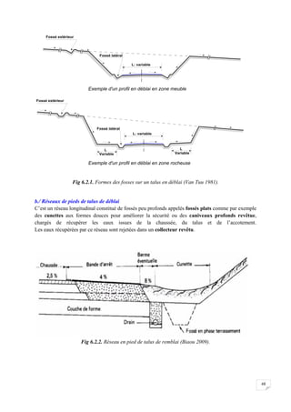 68
Fig 6.2.1. Formes des fosses sur un talus en déblai (Van Tuu 1981).
b./ Réseaux de pieds de talus de déblai
C’est un réseau longitudinal constitué de fossés peu profonds appelés fossés plats comme par exemple
des cunettes aux formes douces pour améliorer la sécurité ou des caniveaux profonds revêtue,
chargés de récupérer les eaux issues de la chaussée, du talus et de l’accotement.
Les eaux récupérées par ce réseau sont rejetées dans un collecteur revêtu.
Fig 6.2.2. Réseau en pied de talus de remblai (Biaou 2009).
 