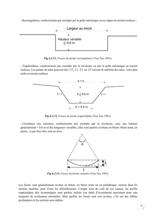 75
- Rectangulaires, confectionnés par exemple par la pelle mécanique ou au ripper en terrain rocheux ;
Fig 6.2.11. Fosses de forme rectangulaire (Van Tuu 1981).
- Trapézoïdaux, confectionnés par exemple par la niveleuse ou par la pelle mécanique en terrain
rocheux. Les pentes de talus peuvent être 1/2, 1/1, 2/1 ou 3/2 suivant la stabilité des talus, voire plus
raide en terrain rocheux.
Fig 6.2.12. Fosses de forme trapizoïdale (Van Tuu 1981).
- Circulaires (ou cunettes), confectionnés par exemple par la niveleuse, avec une hauteur
généralement < 0.6 m et des longueurs variables, elles sont parfois revêtues en béton/ béton armé, en
pierre, et par fois elles sont en terre.
Fig 6.2.13. Fosses de forme cunettes (Van Tuu 1981).
Les fossés sont généralement revêtus en béton, en béton armé ou en préfabriqué, surtout dans les
terrains meubles, pour éviter les affouillements. Compte tenu du coût de ces canaux, les profils
trapézoïdaux dits économiques sont parfois utilisés (un débit d’écoulement maximum pour une
longueur de revêtement minimale). Mais parfois les fossés sont non revêtus, s’ils ont des faibles
profondeurs et les terrains sont stables.
 