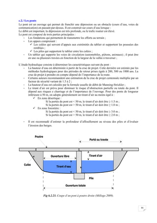 84
c.2./ Les ponts
Le pont est un ouvrage qui permet de franchir une dépression ou un obstacle (cours d’eau, voies de
communication) en passant par-dessus. Il est construit sur cours d’eau lorsque :
Le débit est important, la dépression est très profonde, ou le trafic routier est élevé.
Le pont est composé de trois parties principales :
- Les fondations qui permettent de transmettre les efforts au terrain ;
- Les appuis comprenant :
 Les culées qui servent d’appuis aux extrémités du tablier et supportent les poussées des
remblais ;
 Les piles qui supportent le tablier entre les culées ;
- Un tablier qui supporte les voies de circulation (automobiles, piétons, animaux) ; il peut être
en une ou plusieurs travées en fonction de la largeur de la vallée à traverser ;
L’étude hydraulique consiste à déterminer les caractéristiques suivant du pont :
- La hauteur d’eau est déterminée à partir de la crue de projet. Cette dernière est estimée par les
méthodes hydrologiques pour des périodes de retour prises égale à 200, 500 ou 1000 ans. La
crue de projet à prendre en compte dépend de l’importance de la route.
- Certains auteurs recommandent une estimation de la crue de projet centennale multiplie par un
facteur de sécurité variant de 1.5 à 2 ;
- La hauteur d’eau est calculée par la formule usuelle de débit de Manning-Strickler ;
- Le tirant d’air est prévu pour diminuer le risque d’obstruction partielle ou totale du pont. Il
dépend aux risques e charriage et de l’importance de l’ouvrage. Pour des ponts de longueur
inférieure à 50 m, on adopte généralement un tirant d’air au moins égal à :
 En zone désertique :
Si la portée du pont est < 50 m, le tirant d’air doit être ≥ 1.5 m ;
Si la portée du pont est > 50 m, le tirant d’air doit être ≥ 1.0 m ;
 En zone forestière :
Si la portée du pont est < 50 m, le tirant d’air doit être ≥ 3.0 m ;
Si la portée du pont est > 50 m, le tirant d’air doit être ≥ 2.0 m ;
- Il est recommadé d’estimer la profondeur d’affouillement au niveau des piles et d’évaluer
l’érosion des berges.
Fig 6.2.23. Coupe d’un pont à poutre droite (Millogo 2009).
 