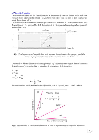 4
a./ Viscosité dynamique
La définition du coefficient de viscosité découle de la formule de Newton, fondée sur le modèle de
plusieurs plans superposés de surface « S », distants d’un espace « dy » et dont le plan supérieur est
animé d’une vitesse « V ».
Les plans successifs étant retenus entre eux par les forces de frottement, il s’établit entre eux une force
de cisaillement « F » responsables de la diminution de la vitesse de déplacement des plans successifs
d’une valeur « dv ».
Fig. 1.1 : Comportement d'un fluide dans un écoulement laminaire entre deux plaques parallèles
lorsque la plaque supérieure se déplace avec une vitesse constante.
La formule de Newton définit la viscosité dynamique « µ » comme étant le rapport entre la contrainte
de cisaillement (Force sur Surface) et le gradient de vitesse (taux de déformation).
[Pa.s]
une autre unité est utilisé pour la viscosité dynamique, c’est le « poise », avec 1 Pa.s = 10 Poise
Fig. 1.2 : Contrainte de cisaillement en fonction de taux de déformation pour les fluides Newtonien
 