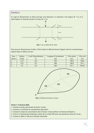 87
Exercice 1 :
Il s’agit de dimensionner un dalot (ouvrage sous-chaussée). La chaussée à une largeur de 7 m, et le
dalot dépasse la chaussée de part et d’autre de 1.5 m
Fig 1. vue en plan de la route.
Pour pouvoir dimensionner le dalot, il faut évaluer le débit du bassin d’apport, dont les caractéristiques
figurent dans le tableau suivant :
Sous
bassin
Surface
S (ha)
Coeff. Ruissellement
Cr
Longueur d’écoulement
(m)
Côte amont
(m)
Côte aval
(m)
1 11.0 0.4 250 750.0 748.0
2 13.0 0.3 300 748.0 747.1
3 7.0 0.2 450 747.1 744.45
Fig 2. Schéma du bassin versant.
Partie 1- Calcul de débit
1. Calculer la pente équivalente du bassin versant ;
2. Calculer le coefficient de ruissellement équivalent ;
3. Calculer le temps de concentration dans le bassin versant (utiliser la formule de Kirpich );
4. Trouvez l’intensité pluviométrique à partir de la courbe IDF pour une période de retour de 10 ans ;
5. Evaluez le débit à l’aide de la formule rationnelle
 