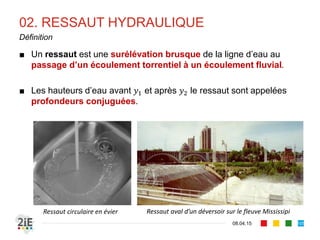 07. COURBES DE REMOUS
17.04.16
Méthodes des différences finies
105
■ Elles sont basées sur une subdivision du canal en biefs courts et
une progression par pas de calcul
■ Méthode de variation de profondeurs ou à pas directs : ∆
fixé, ∆ calculé
■ Méthode des tronçons ou à pas standards: ∆ fixé, ∆ calculé
■ Ces méthodes introduisent une erreur systématique d’ordre 2 (∆
ou ∆ selon les cas) mais elles sont suffisamment précises pour
les applications pratiques. Elles ont des variantes sur la manière
d’évaluer les valeurs moyennes sur le bief ∆
■ Nous exposerons ici la méthode des pas directs (cf. Mar, 2004 pour la
méthode des pas standards).
 