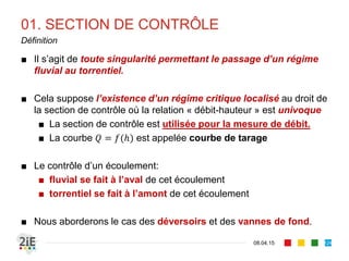 02. RESSAUT HYDRAULIQUE
17.04.16
Position du ressaut (1/4)
124
■ La position du ressaut est définie suivant la relation entre le point de
contrôle au torrentiel d’amont et le tirant d’eau fluvial normal aval.
■ Soit la hauteur de la veine contractée, son conjugué par le ressaut
et le tirant d’eau normal aval.
■ Cas 1 : on a . Le ressaut se forme au pied de la chute
 