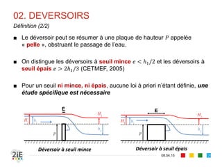 02. RESSAUT HYDRAULIQUE
17.04.16
Position du ressaut (3/4)
126
■ Dans le cas où le régime uniforme aval arrive à s’établir (bief
aval suffisamment long), on fait l’hypothèse que le ressaut
effectue la connexion avec l’écoulement normal aval.
■ La démarche de résolution est alors la suivante :
■ On évalue par Manning-Strickler la profondeur à l’aval
■ Puisque , conjugué de par le ressaut d’amont, on
déduit par l’équation d’Euler
■ On détermine alors l’abscisse à laquelle la hauteur est
atteinte par la courbe de remous d’amont, en partant de son
point de contrôle amont à la section de contrôle
 