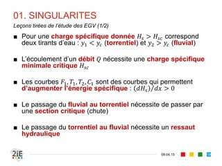 03. VANNES
17.04.16
Principe d’étude
138
■ Soit la hauteur de levée de la vanne et le coefficient de
contraction de l’orifice. La hauteur .
■ Le principe d’étude est alors le suivant : on définit deux sections, l’une
à l’amont immédiat de la vanne et l’autre à la naissance de la veine
contractée et l’on applique le théorème de Bernoulli.
2 2
■ Le fond est supposé plat entre les deux sections (dénivelée quasiment
nulle). Il advient alors que
2 2
 