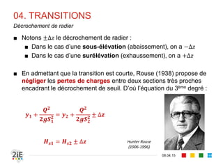 01. SINGULARITES
17.04.16
Leçons tirées de l’étude des EGV (1/2)
144
■ Pour une charge spécifique donnée correspond
deux tirants d’eau : (torrentiel) et (fluvial)
■ L’écoulement d’un débit nécessite une charge spécifique
minimale critique
■ Les courbes , , , sont des courbes qui permettent
d’augmenter l’énergie spécifique : ⁄ 0
■ Le passage du fluvial au torrentiel nécessite de passer par
une section critique (chute)
■ Le passage du torrentiel au fluvial nécessite un ressaut
hydraulique
 