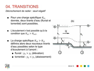 01. SINGULARITES
17.04.16
Leçons tirées de l’étude des EGV (2/2)
145
■ Il n’existe pas de courbe de remous qui se raccorde à
un tirant d’eau normal torrentiel en amont :
l’écoulement torrentiel, contrôlé par l’amont, arrive
jusqu’à la singularité, ou au ressaut.
■ Il n’existe pas de courbe de remous qui se raccorde à
un tirant d’eau normal fluvial en aval: l’écoulement
fluvial, contrôlé par l’aval, arrive jusqu’à la singularité ou
au ressaut
 