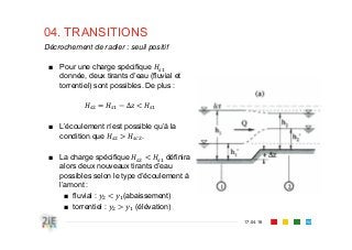04. TRANSITIONS
17.04.16
Décrochement de radier : seuil positif
152
■ Pour une charge spécifique
donnée, deux tirants d’eau (fluvial et
torrentiel) sont possibles. De plus :
∆
■ L’écoulement n’est possible qu’à la
condition que .
■ La charge spécifique définira
alors deux nouveaux tirants d’eau
possibles selon le type d’écoulement à
l’amont :
■ fluvial : (abaissement)
■ torrentiel : (élévation)
 