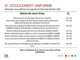 01. ECOULEMENT UNIFORME
17.04.16
Estimation du coefficient de rugosité de Manning-Strickler (1/2)
36
■ Le matériau de couverture est connu : la valeur de ou est
prise dans les tables qui les définit suivant la nature du matériau
■ Le débit , la pente et le rayon hydraulique sont connus : la
rugosité est approchée expérimentalement par jaugeage
■ Le revêtement est constitué de matériau non-cohérents : ou
est approché de manière empirique :
26
⁄
			
1
0,041	
/
						
1
0,038	
/
 