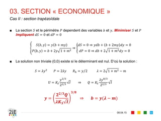 03. SECTION « ECONOMIQUE »
17.04.16
SHF circulaire – vitesse maximale
52
■ En utilisant l’équation de Manning Strickler :
⁄
■ La vitesse est maximale pour :
Condition de vitesse maximale :
0
4,493	 257, 453	 °
/
 