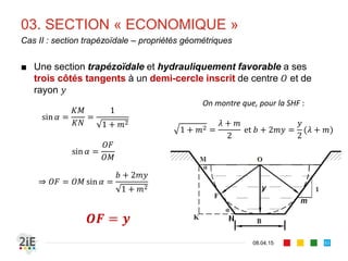 03. SECTION « ECONOMIQUE »
17.04.16
SHF circulaire – débit maximum
53
■ En utilisant l’équation de Manning et Strickler :
⁄
■ Le débit est maximal pour :
Condition de débit maximal :
0
5,278	 302,413	 °
/
 