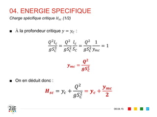 04. ENERGIE SPECIFIQUE
17.04.16
Variation de suivant
67
■ Etudions la variation de suivant le profil en long du canal :
■ En écoulement uniforme, : est constante.
■ En écoulement non uniforme,	 :
■ If , augmente, diminue.
■ If , diminue, augmente.
 