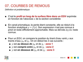 05. REGIME CRITIQUE
17.04.16
Ecoulement à l’approche d’une chute
80
■ En pratique, il est admis que le tirant d’eau est critique pour un
écoulement à pente faible à l’approche d’une chute.
■ Rouse (1938) et Rajaratnam (1964) ont montré que la hauteur à
l’approche d’une chute est en réalité	 , 	à	 , tandis
que est mesuré à une distance de 3 	à	4 en amont de la chute
N. Rajaratnam
 