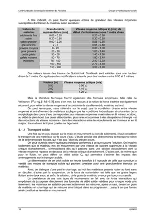 Centre d’Etudes Techniques Maritimes Et Fluviales Groupe d’Hydraulique Fluviale
33 10/09/02
A titre indicatif, on peut fournir quelques ordres de grandeur des vitesses moyennes
susceptibles d’entraîner du matériau selon sa nature :
Nature du
matériau
Granulométrie
représentative (mm)
Vitesse moyenne critique V0 (m/s) de
début d’entraînement sous 1 mètre d’eau
sédiments fins 0.06 - 0.20 0.20 - 0.30
sable 0.20 - 0.60 0.30 - 0.55
sable grossier 0.60 - 2.00 0.55 - 0.65
graviers fins 2 - 6 0.65 - 0.80
graviers moyens 6 - 20 0.80 - 1.00
gros graviers 20 - 30 1.00 - 1.40
petits galets 30 - 50 1.40 - 1.80
galets moyens 50 - 75 1.80 - 2.40
moellons 75 - 100 2.40 - 2.70
100 - 150 2.70 - 3.50
150 - 200 3.50 - 3.90
Ces valeurs issues des travaux de Quidotchnik Stroitlevsk sont valables sous une hauteur
d’eau de 1 mètre. On appliquera les modificateurs suivants pour des hauteurs entre 0.50 et 3 mètres :
Hauteur (m) Vitesse moyenne critique (m/s)
0.50 0.90 V0
2.00 1.10 V0
3.00 1.20 V0
Mais la littérature technique fournit également des formules empiriques, telle celle de
Velikanov )..(² 8514 += dgV crit avec d en mm. Le recours à la notion de force tractrice est également
récurrent, pour relier la vitesse moyenne à la contrainte de cisaillement du matériau au fond.
On peut remarquer, sans s’étendre sur le sujet, que la corrélation directe entre vitesse
moyenne et entraînement de matériaux explique que les conditions hydrauliques structurantes de la
morphologie des cours d’eau correspondent aux vitesses moyennes maximales en lit mineur, et donc,
au débit de plein bord. Les crues débordantes, plus rares et soumises à des dissipations d’énergie - et
des réductions de vitesse moyenne - dans les interactions entre les écoulements en lit mineur et en lit
majeur, traumatisent le lit plus qu’elles ne façonnent.
4.1.4 Transport solide
Une fois qu’on a pu statuer sur la mise en mouvement ou non de sédiments, il faut considérer
le transport de ces matériaux par le cours d’eau. L’étude précise des phénomènes de transports relève
de la sédimentologie fluviale, qui n’est pas l’objet du présent cours.
On peut toutefois retenir quelques principes conformes à ce que susurre l’intuition. On imagine
facilement que le matériau mis en mouvement par une vitesse de courant supérieure à la vitesse
critique d’arrachement... s’immobilisera dès qu’il passera dans une section d’écoulement dont la
vitesse moyenne repasse en dessous de la vitesse critique d’arrachement. D’autre part, de même que
pour le fluide, on peut définir un débit solide Qs qui permettra d’estimer les impacts des
aménagements sur le transport solide.
La détermination de ce débit solide se heurte toutefois à l’ obstacle de taille que constitue la
variété des modes de transport solide qui peuvent coexister pour une granulométrie étendue de
matériau.
Ainsi, on distingue d’une part le charriage, qui voit les matériaux pesants rouler au fond sans
en décoller, d’autre part la suspension, où la force de sustentation est telle que les grains légers
flottent entre deux eaux, et enfin, la saltation, où le grain de matériau avance par bonds successifs.
La coexistence de ces trois types de mouvements se fait avec de fortes interactions qui
empêchent de juxtaposer directement des formules de débit solide validées pour chaque mode pris
isolément : les matériaux en saltation peuvent notamment se retrouver, après un saut, devant un grain
de matériau en charriage qui se retrouve ainsi bloqué dans sa progression… jusqu’à ce que l’amas
ainsi constitué se remette en mouvement.
 