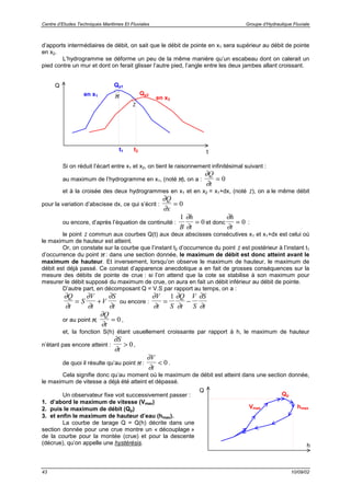 Centre d’Etudes Techniques Maritimes Et Fluviales Groupe d’Hydraulique Fluviale
43 10/09/02
d’apports intermédiaires de débit, on sait que le débit de pointe en x1 sera supérieur au débit de pointe
en x2.
L’hydrogramme se déforme un peu de la même manière qu’un escabeau dont on calerait un
pied contre un mur et dont on ferait glisser l’autre pied, l’angle entre les deux jambes allant croissant.
Si on réduit l’écart entre x1 et x2, on tient le raisonnement infinitésimal suivant :
au maximum de l’hydrogramme en x1, (noté MMMM), on a :
∂
∂
Q
t
= 0
et à la croisée des deux hydrogrammes en x1 et en x2 = x1+dx, (noté IIII), on a le même débit
pour la variation d’abscisse dx, ce qui s’écrit :
∂
∂
Q
x
= 0
ou encore, d’après l’équation de continuité :
1
0
B
h
t
∂
∂
= et donc
∂
∂
h
t
= 0 :
le point IIII commun aux courbes Q(t) aux deux abscisses consécutives x1 et x1+dx est celui où
le maximum de hauteur est atteint.
Or, on constate sur la courbe que l’instant t2 d’occurrence du point IIII est postérieur à l’instant t1
d’occurrence du point MMMM : dans une section donnée, le maximum de débit est donc atteint avant le
maximum de hauteur. Et inversement, lorsqu’on observe le maximum de hauteur, le maximum de
débit est déjà passé. Ce constat d’apparence anecdotique a en fait de grosses conséquences sur la
mesure des débits de pointe de crue : si l’on attend que la cote se stabilise à son maximum pour
mesurer le débit supposé du maximum de crue, on aura en fait un débit inférieur au débit de pointe.
D’autre part, en décomposant Q = V.S par rapport au temps, on a :
∂
∂
∂
∂
∂
∂
Q
t
S
V
t
V
S
t
= + ou encore :
∂
∂
∂
∂
∂
∂
V
t S
Q
t
V
S
S
t
= −
1
or au point MMMM,
∂
∂
Q
t
= 0 ,
et, la fonction S(h) étant usuellement croissante par rapport à h, le maximum de hauteur
n’étant pas encore atteint :
∂
∂
S
t
> 0,
de quoi il résulte qu’au point MMMM :
∂
∂
V
t
< 0 .
Cela signifie donc qu’au moment où le maximum de débit est atteint dans une section donnée,
le maximum de vitesse a déjà été atteint et dépassé.
Un observateur fixe voit successivement passer :
1. d’abord le maximum de vitesse (Vmax)
2. puis le maximum de débit (Qp)
3. et enfin le maximum de hauteur d’eau (hmax).
La courbe de tarage Q = Q(h) décrite dans une
section donnée pour une crue montre un « découplage »
de la courbe pour la montée (crue) et pour la descente
(décrue), qu’on appelle une hystérésis.
en x1
en x2
Q
t
Qp1
Qp2MMMM
IIII
h
t1 t2
Q
Qp
hmaxVmax
 