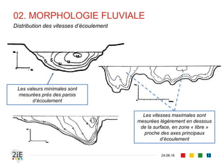 02. MORPHOLOGIE FLUVIALE
04.09.16
Distribution des vitesses d’écoulement
12
Les vitesses maximales sont
mesurées légèrement en dessous
de la surface, en zone « libre »
proche des axes principaux
d’écoulement
Les vitesses minimales sont
mesurées près des parois
d’écoulement
 