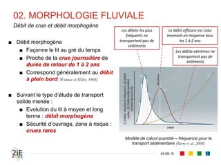 02. MORPHOLOGIE FLUVIALE
04.09.16
Débit de crue et débit morphogène
13
■ Débit morphogène
■ Façonne le lit au gré du temps
■ Proche de la crue journalière de
durée de retour de 1 à 2 ans
■ Correspond généralement au débit
à plein bord (Wolman et Miller, 1960)
■ Suivant le type d’étude de transport
solide menée :
■ Evolution du lit à moyen et long
terme : débit morphogène
■ Sécurité d’ouvrage, zone à risque :
crues rares
Modèle de calcul quantité – fréquence pour le
transport sédimentaire (Barry et al., 2008)
Les débits les plus
fréquents ne
transportent pas de
sédiments
Les débits extrêmes ne
transportent pas de
sédiments
Le débit efficace est celui
revenant en moyenne tous
les 1 à 2 ans
 