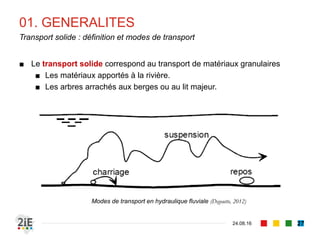 01. GENERALITES
04.09.16
Transport solide : définition et modes de transport
27
■ Le transport solide correspond au transport de matériaux granulaires
■ Les matériaux apportés à la rivière.
■ Les arbres arrachés aux berges ou au lit majeur.
Modes de transport en hydraulique fluviale (Degoutte, 2012)
 