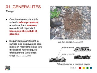 01. GENERALITES
04.09.16
Pavage
31
■ Couche mise en place à la
suite du même processus
aboutissant aux armures,
mais elle est cependant
beaucoup plus solide et
pérenne.
■ les particules constituant la
surface des lits pavés ne sont
mises en mouvement que lors
d‘épisodes hydrologiques
exceptionnels (très fortes
crues (Bray et Church, 1980)
Vue d’un pavage (Degoutte, 2012)
Rôle protecteur de la couche de pavage
 