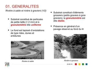01. GENERALITES
04.09.16
Rivière à sable et rivière à graviers (1/2)
32
Rivière à graviersRivière à sable
 Substrat constitué de particules
de petite taille (< 2 mm) et à
granulométrie dite uniforme
 Le fond est tapissé
d’ondulations de fond de type
rides, dunes et antidunes
 Substrat constitué d’éléments
grossiers (petits graviers à gros
graviers), la granulométrie est
dite étalée.
 Présence en général d’un
pavage observé au fond du lit,
qui reste sans ondulations.
 