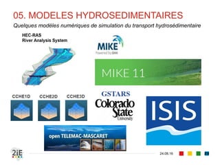04. CALCUL D’EVOLUTION DE LIT
04.09.16
Application du modèle parabolique à un canal en dégradation
89
■ Soit un canal à fond mobile, véhiculant un débit unitaire 𝑞 uniforme et constant à
hauteur d’eau 𝑦0
■ À l’entrée dans un réservoir en aval, la hauteur d’eau imposée est telle que le tirant
d’eau s’abaisse de ∆ℎ, générant une érosion régressive vers l’amont.
■ Au temps 𝑡 = ∞, on observera un abaissement de fond partout dans le canal et
𝑦∞
≡ 𝑦0
Dégradation par abaissement de fond
(Graf et Altinakar, 2000)
Conditions initiales et aux
limites :
𝑧 ∀𝑥, 𝑡 = 0 = 0
𝑧 𝑥 = 0, 𝑡 → ∞ = ∆ℎ
𝑧 𝑥 → ∞, 𝑡 = 0
La solution de du modèle parabolique
de Vreugdenhil et de Vries (1973)
est donc applicable !
 