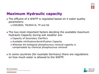 Maximum Hydraulic capacity
The effluent of a WWTP is regulated based on 4 water quality
parameters:
COD/BOD, TN/NH4-N, TP ...