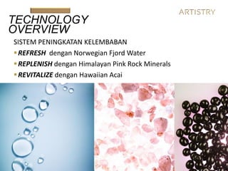 TECHNOLOGY
OVERVIEW
SISTEM PENINGKATAN KELEMBABAN
REFRESH dengan Norwegian Fjord Water
REPLENISH dengan Himalayan Pink Rock Minerals
REVITALIZE dengan Hawaiian Acai
 