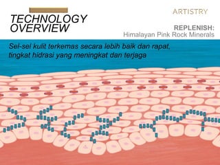Sel-sel kulit yang tidak teraturHydra Complex menembus permukaan kulit,
meningkatkan aktifitas dari aquaporins
Sel-sel kulit terkemas secara lebih baik dan rapat,
tingkat hidrasi yang meningkat dan terjaga
.
TECHNOLOGY
OVERVIEW REPLENISH:
Himalayan Pink Rock Minerals
 