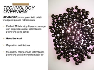 TECHNOLOGY
OVERVIEW
REVITALIZE kemampuan kulit untuk
mengunci proses hidrasi murni
 Ekslusif Moisturizing Liposom, omega
dan ceramides untuk kelembaban
pelindung yang sehat
 Hawaiian Acai
 Kaya akan antioksidan
 Membantu memperkuat kelembaban
pelindung untuk mengunci kadar air
 