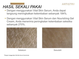  Dengan menggunakan Vital Skin Serum, Anda dapat
langsung meningkatkan kelembaban sebanyak 184%.
 Dengan menggunakan Vital Skin Serum dan Nourishing Gel
Cream, Anda menerima peningkatan kelembaban seketika
sebanyak 270%.
*Dengan menggunakan Vital Skin Serum Concentrate
Sebelum Sesudah
HASIL SEKALI PAKAI
 