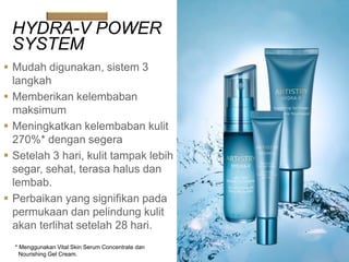  Mudah digunakan, sistem 3
langkah
 Memberikan kelembaban
maksimum
 Meningkatkan kelembaban kulit
270%* dengan segera
 Setelah 3 hari, kulit tampak lebih
segar, sehat, terasa halus dan
lembab.
 Perbaikan yang signifikan pada
permukaan dan pelindung kulit
akan terlihat setelah 28 hari.
* Menggunakan Vital Skin Serum Concentrate dan
Nourishing Gel Cream.
HYDRA-V POWER
SYSTEM
 