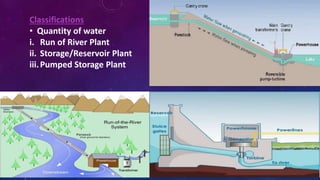 Classifications
• Quantity of water
i. Run of River Plant
ii. Storage/Reservoir Plant
iii.Pumped Storage Plant
 
