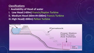 Classifications
• Availability of Head of water
i. Low Head (<60m) Francis/Kaplan Turbine
ii. Medium Head (60m<H<300m) Francis Turbine
iii.High Head(>300m) Pelton Turbine
 
