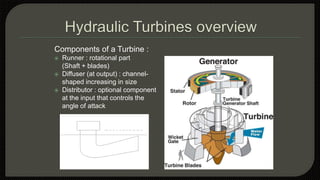 Components of a Turbine :
 Runner : rotational part
(Shaft + blades)
 Diffuser (at output) : channel-
shaped increasing in size
 Distributor : optional component
at the input that controls the
angle of attack
 