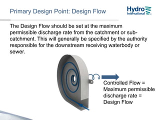 Primary Design Point: Design Flow
The Design Flow should be set at the maximum
permissible discharge rate from the catchment or sub-
catchment. This will generally be specified by the authority
responsible for the downstream receiving waterbody or
sewer.
The maximum Design Flow is 250 l/s.
Controlled Flow =
Maximum permissible
discharge rate =
Design Flow
 