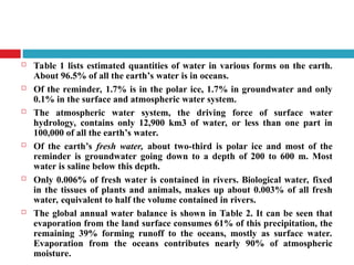  Table 1 lists estimated quantities of water in various forms on the earth.
About 96.5% of all the earth’s water is in oceans.
 Of the reminder, 1.7% is in the polar ice, 1.7% in groundwater and only
0.1% in the surface and atmospheric water system.
 The atmospheric water system, the driving force of surface water
hydrology, contains only 12,900 km3 of water, or less than one part in
100,000 of all the earth’s water.
 Of the earth’s fresh water, about two-third is polar ice and most of the
reminder is groundwater going down to a depth of 200 to 600 m. Most
water is saline below this depth.
 Only 0.006% of fresh water is contained in rivers. Biological water, fixed
in the tissues of plants and animals, makes up about 0.003% of all fresh
water, equivalent to half the volume contained in rivers.
 The global annual water balance is shown in Table 2. It can be seen that
evaporation from the land surface consumes 61% of this precipitation, the
remaining 39% forming runoff to the oceans, mostly as surface water.
Evaporation from the oceans contributes nearly 90% of atmospheric
moisture.
 