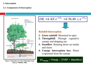2. Interception
2.1. Components of Interception
1. Gross rainfall: Measured in open
2. Throughfall: Through vegetative
canopy and dripping out
3. Stemflow: Running down on trunks
and stems
4. Canopy interception loss: Water
evaporated from the canopy
Figure 1. Schematic of a Tree’s Hydrologic Cycle
(Source: FISRWG, 1998)
Rainfall Interception
si
si h
b
i
h
b
i r
k
e
KE
k
DR *
*
e
48
.
56 



 