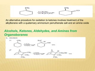 An alternative procedure for oxidation to ketones involves treatment of the
alkylborane with a quaternary ammonium perruthenate salt and an amine oxide
Alcohols, Ketones, Aldehydes, and Amines from
Organoboranes
 