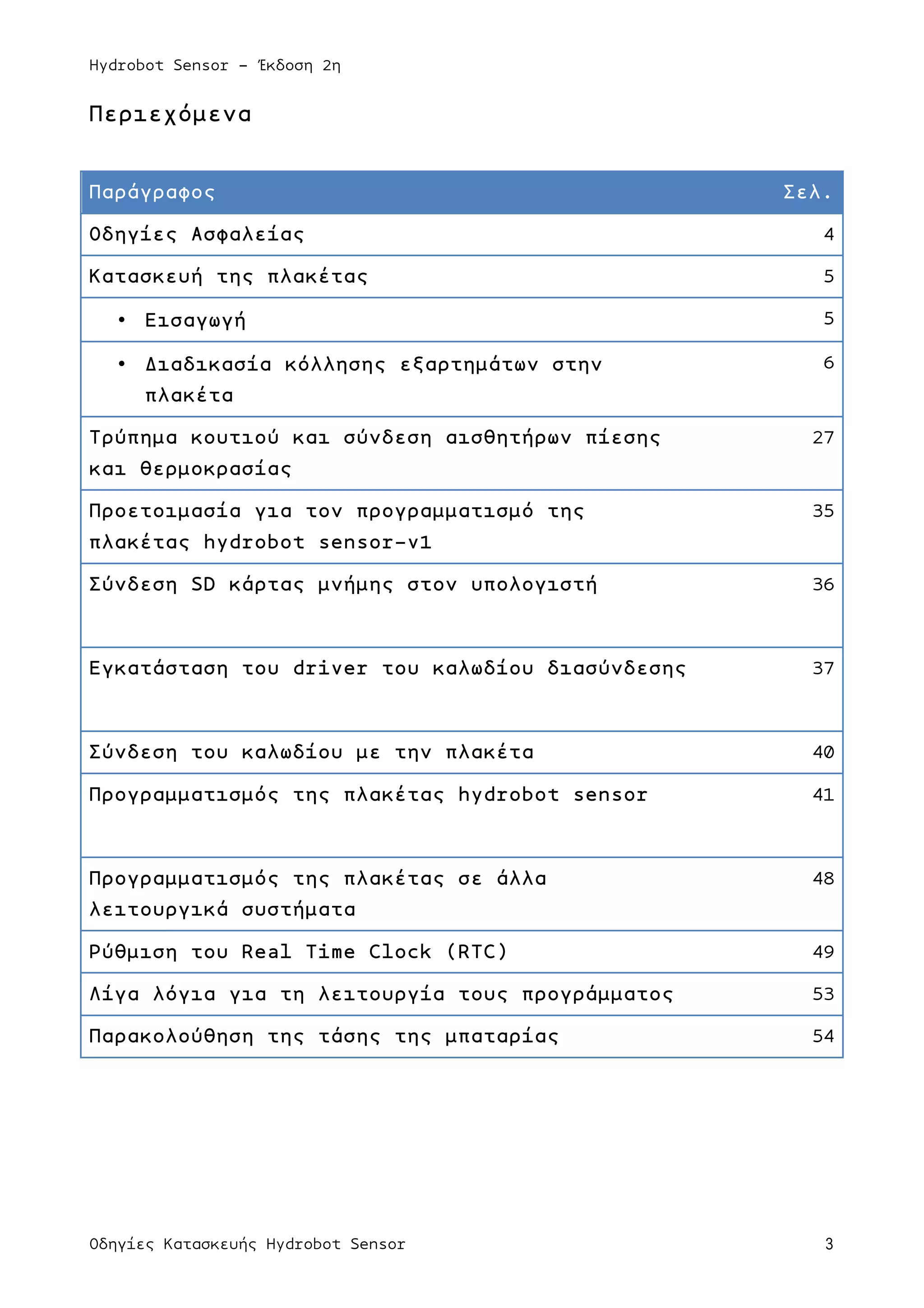 Hydrobot Sensor - Έκδοση 2η
Οδηγίες Κατασκευής Hydrobot Sensor 3
Περιεχόµενα
Παράγραφος Σελ.
Οδηγίες Ασφαλείας 4
Κατασκευή της πλακέτας 5
• Εισαγωγή 5
• Διαδικασία κόλλησης εξαρτηµάτων στην
πλακέτα
6
Τρύπηµα κουτιού και σύνδεση αισθητήρων πίεσης
και θερµοκρασίας
27
Προετοιµασία για τον προγραµµατισµό της
πλακέτας hydrobot sensor-v1
35
Σύνδεση SD κάρτας µνήµης στον υπολογιστή 36
Εγκατάσταση του driver του καλωδίου διασύνδεσης 37
Σύνδεση του καλωδίου µε την πλακέτα 40
Προγραµµατισµός της πλακέτας hydrobot sensor 41
Προγραµµατισµός της πλακέτας σε άλλα
λειτουργικά συστήµατα
48
Ρύθµιση του Real Time Clock (RTC) 49
Λίγα λόγια για τη λειτουργία τους προγράµµατος 53
Παρακολούθηση της τάσης της µπαταρίας 54
 