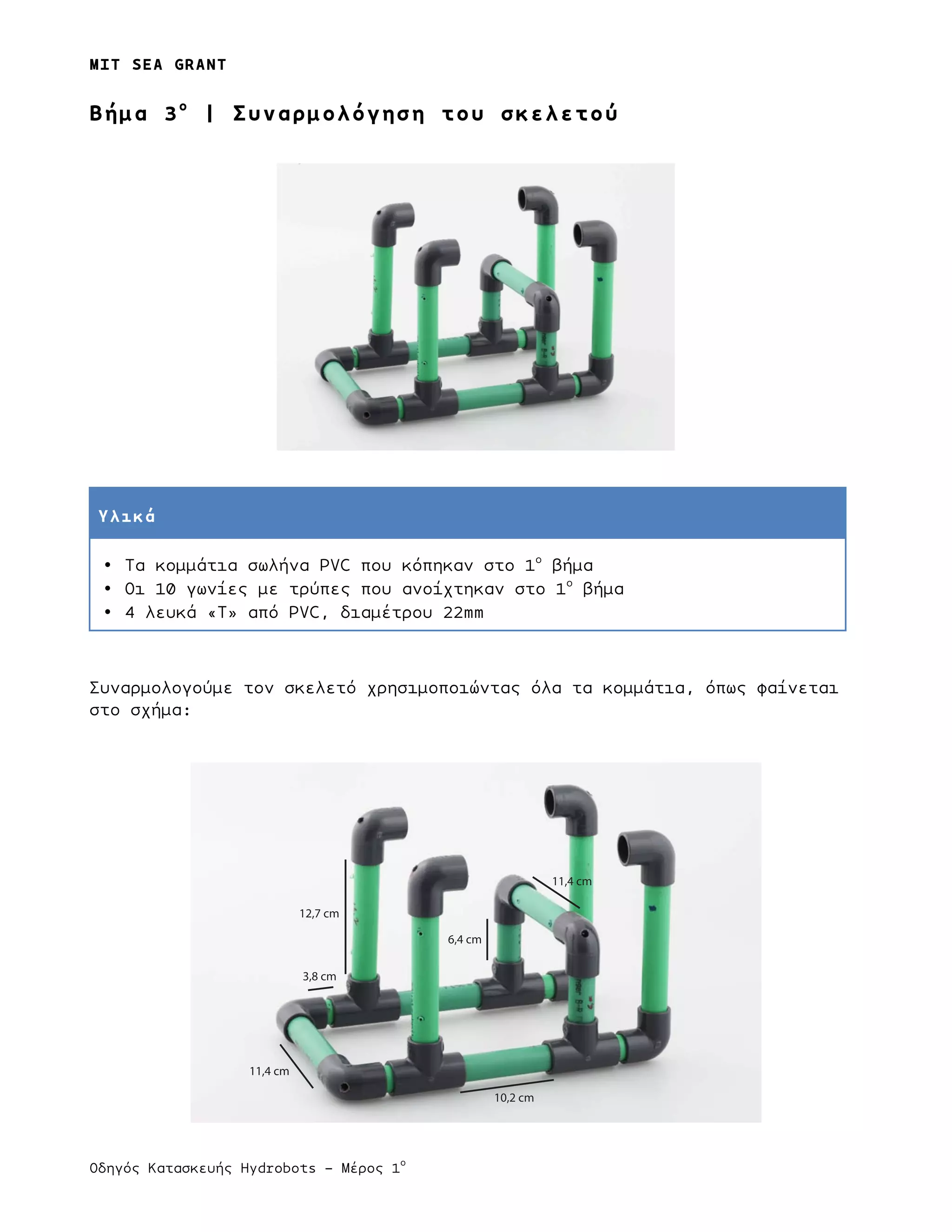 MIT SEA GRANT
	
  	
  
Οδηγός Κατασκευής Hydrobots – Μέρος 1
ο
Bήµα 3ο
| Συναρµολόγηση του σκελετού
Υλικά
• Τα κοµµάτια σωλήνα PVC που κόπηκαν στο 1ο
βήµα
• Οι 10 γωνίες µε τρύπες που ανοίχτηκαν στο 1ο
βήµα
• 4 λευκά «Τ» από PVC, διαµέτρου 22mm
Συναρµολογούµε τον σκελετό χρησιµοποιώντας όλα τα κοµµάτια, όπως φαίνεται
στο σχήµα:
11,4 cm
3,8 cm
12,7 cm
10,2 cm
11,4 cm
6,4 cm
 