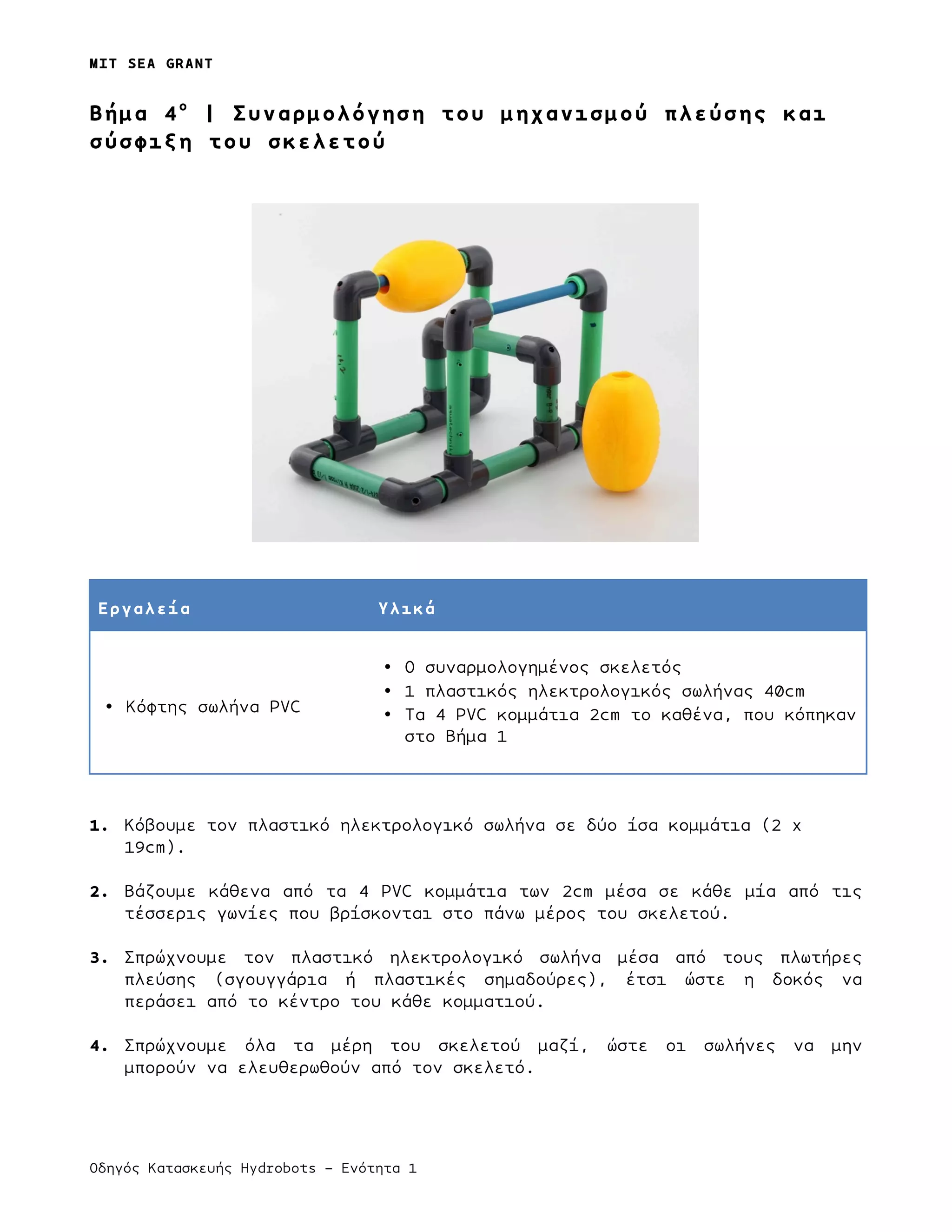 MIT SEA GRANT
Οδηγός Κατασκευής Hydrobots – Ενότητα 1
Bήµα 4ο
| Συναρµολόγηση του µηχανισµού πλεύσης και
σύσφιξη του σκελετού
Εργαλεία Υλικά
• Κόφτης σωλήνα PVC
• Ο συναρµολογηµένος σκελετός
• 1 πλαστικός ηλεκτρολογικός σωλήνας 40cm
• Τα 4 PVC κοµµάτια 2cm το καθένα, που κόπηκαν
στο Βήµα 1
1. Κόβουµε τον πλαστικό ηλεκτρολογικό σωλήνα σε δύο ίσα κοµµάτια (2 x
19cm).
2. Βάζουµε κάθενα από τα 4 PVC κοµµάτια των 2cm µέσα σε κάθε µία από τις
τέσσερις γωνίες που βρίσκονται στο πάνω µέρος του σκελετού.
3. Σπρώχνουµε τον πλαστικό ηλεκτρολογικό σωλήνα µέσα από τους πλωτήρες
πλεύσης (σγουγγάρια ή πλαστικές σηµαδούρες), έτσι ώστε η δοκός να
περάσει από το κέντρο του κάθε κοµµατιού.
4. Σπρώχνουµε όλα τα µέρη του σκελετού µαζί, ώστε οι σωλήνες να µην
µπορούν να ελευθερωθούν από τον σκελετό.
 