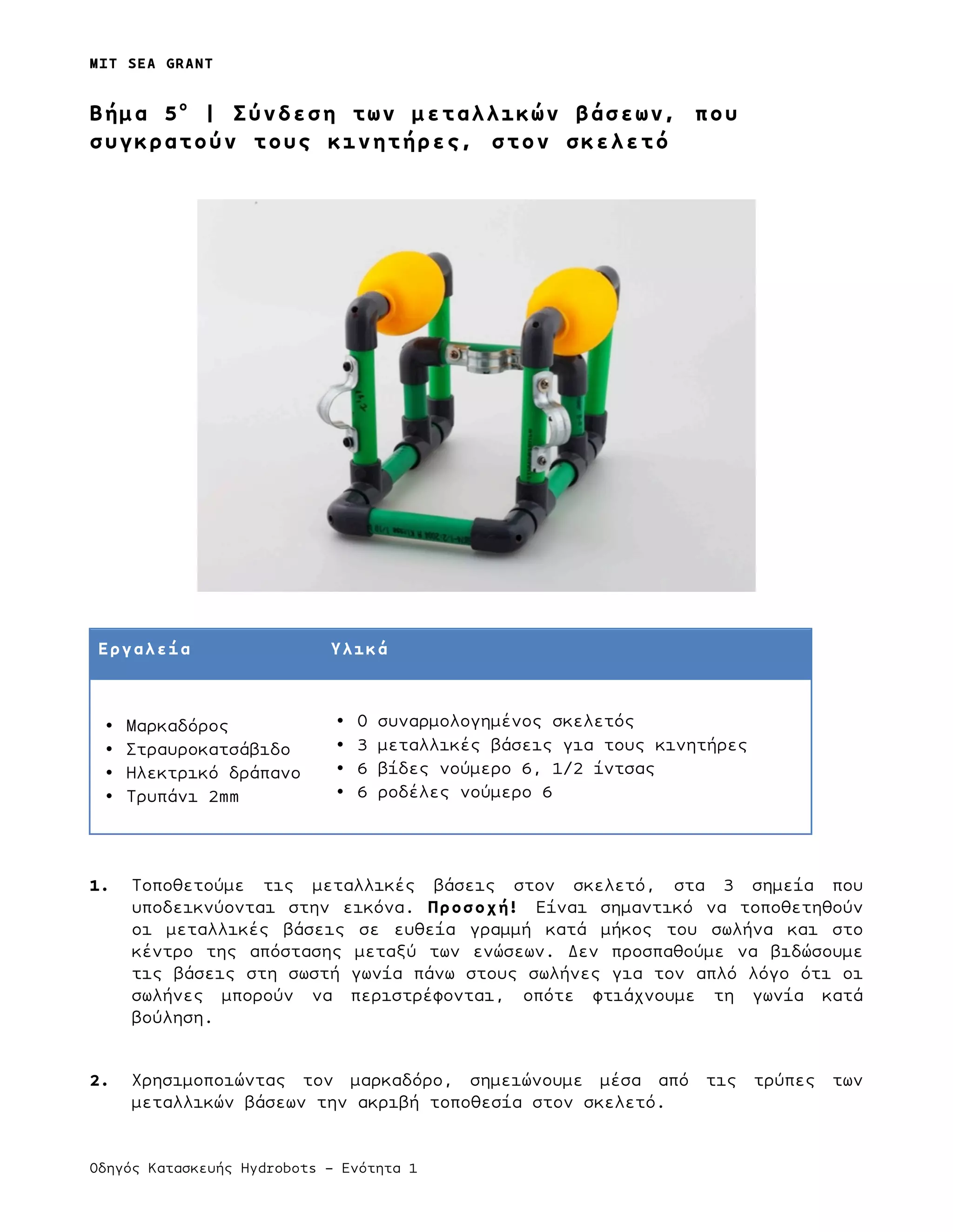 MIT SEA GRANT
Οδηγός Κατασκευής Hydrobots – Ενότητα 1
Bήµα 5ο
| Σύνδεση των µεταλλικών βάσεων, που
συγκρατούν τους κινητήρες, στον σκελετό
Εργαλεία Υλικά
• Μαρκαδόρος
• Στραυροκατσάβιδο
• Ηλεκτρικό δράπανο
• Τρυπάνι 2mm
• Ο συναρµολογηµένος σκελετός
• 3 µεταλλικές βάσεις για τους κινητήρες
• 6 βίδες νούµερο 6, 1/2 ίντσας
• 6 ροδέλες νούµερο 6
1. Τοποθετούµε τις µεταλλικές βάσεις στον σκελετό, στα 3 σηµεία που
υποδεικνύονται στην εικόνα. Προσοχή! Είναι σηµαντικό να τοποθετηθούν
οι µεταλλικές βάσεις σε ευθεία γραµµή κατά µήκος του σωλήνα και στο
κέντρο της απόστασης µεταξύ των ενώσεων. Δεν προσπαθούµε να βιδώσουµε
τις βάσεις στη σωστή γωνία πάνω στους σωλήνες για τον απλό λόγο ότι οι
σωλήνες µπορούν να περιστρέφονται, οπότε φτιάχνουµε τη γωνία κατά
βούληση.
2. Χρησιµοποιώντας τον µαρκαδόρο, σηµειώνουµε µέσα από τις τρύπες των
µεταλλικών βάσεων την ακριβή τοποθεσία στον σκελετό.
 