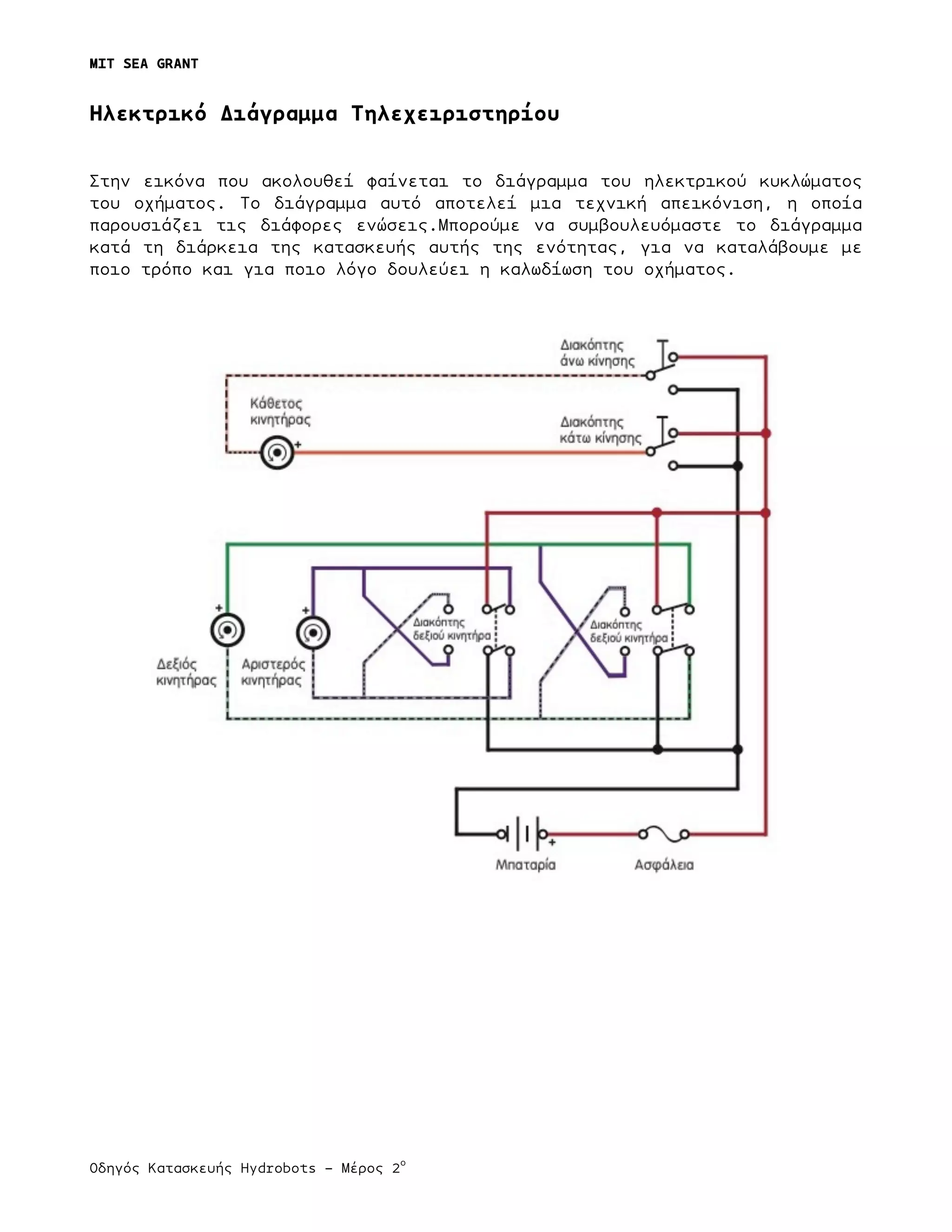 MIT SEA GRANT
	
  
Οδηγός Κατασκευής Hydrobots – Μέρος 2
ο
	
   	
   	
  
Ηλεκτρικό Διάγραµµα Τηλεχειριστηρίου
Στην εικόνα που ακολουθεί φαίνεται το διάγραµµα του ηλεκτρικού κυκλώµατος
του οχήµατος. Το διάγραµµα αυτό αποτελεί µια τεχνική απεικόνιση, η οποία
παρουσιάζει τις διάφορες ενώσεις.Μπορούµε να συµβουλευόµαστε το διάγραµµα
κατά τη διάρκεια της κατασκευής αυτής της ενότητας, για να καταλάβουµε µε
ποιο τρόπο και για ποιο λόγο δουλεύει η καλωδίωση του οχήµατος.
 