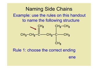 Naming Side Chains
Example: use the rules on this handout
    to name the following structure
             CH2      CH2 CH3

    CH3 CH2 C      CH2 C    CH3

                      CH3

Rule 1: choose the correct ending
                              ene
 