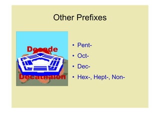 Other Prefixes


               • Pent-
  Decade
               • Oct-
 Decimal       • Dec-
Decathalon • Hex-, Hept-, Non-
 