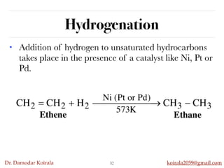 Dr. Damodar Koirala koirala2059@gmail.com
Hydrogenation
• Addition of hydrogen to unsaturated hydrocarbons
takes place in the presence of a catalyst like Ni, Pt or
Pd.
32
 